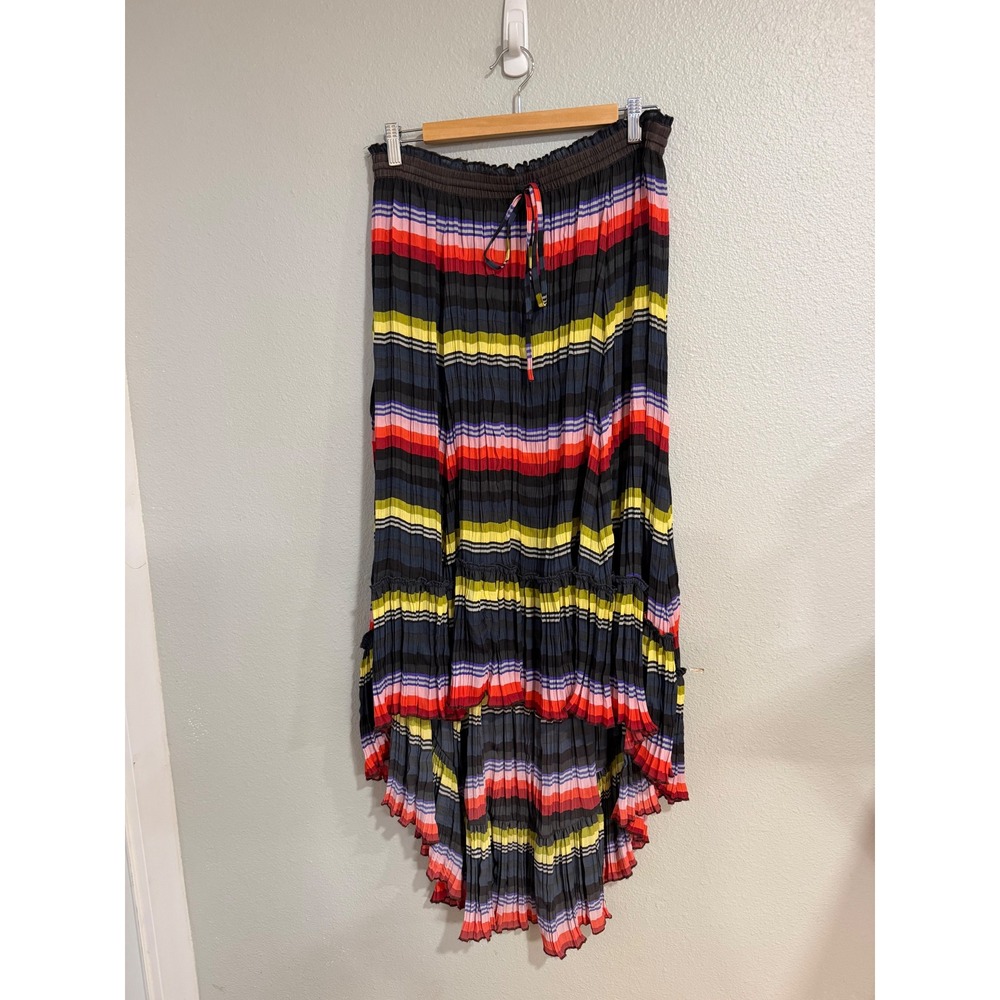 Free People Maxi Skirt Womens Medium Multicolor Striped High Low Tiered Pleated